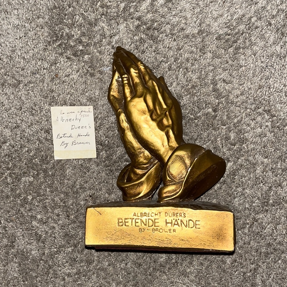 Handmade vintage ceramic prayer hands with bronze coating